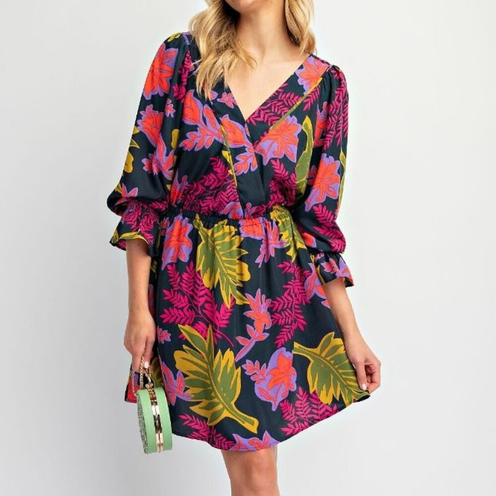 NEW Easel Printed Wool Peach Woven Surplus Mini Dress In Jungle Green